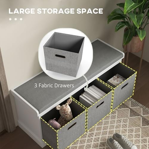 White 3-Drawer Shoe Storage Bench with Cushion Seat – Modern 105cm Hallway