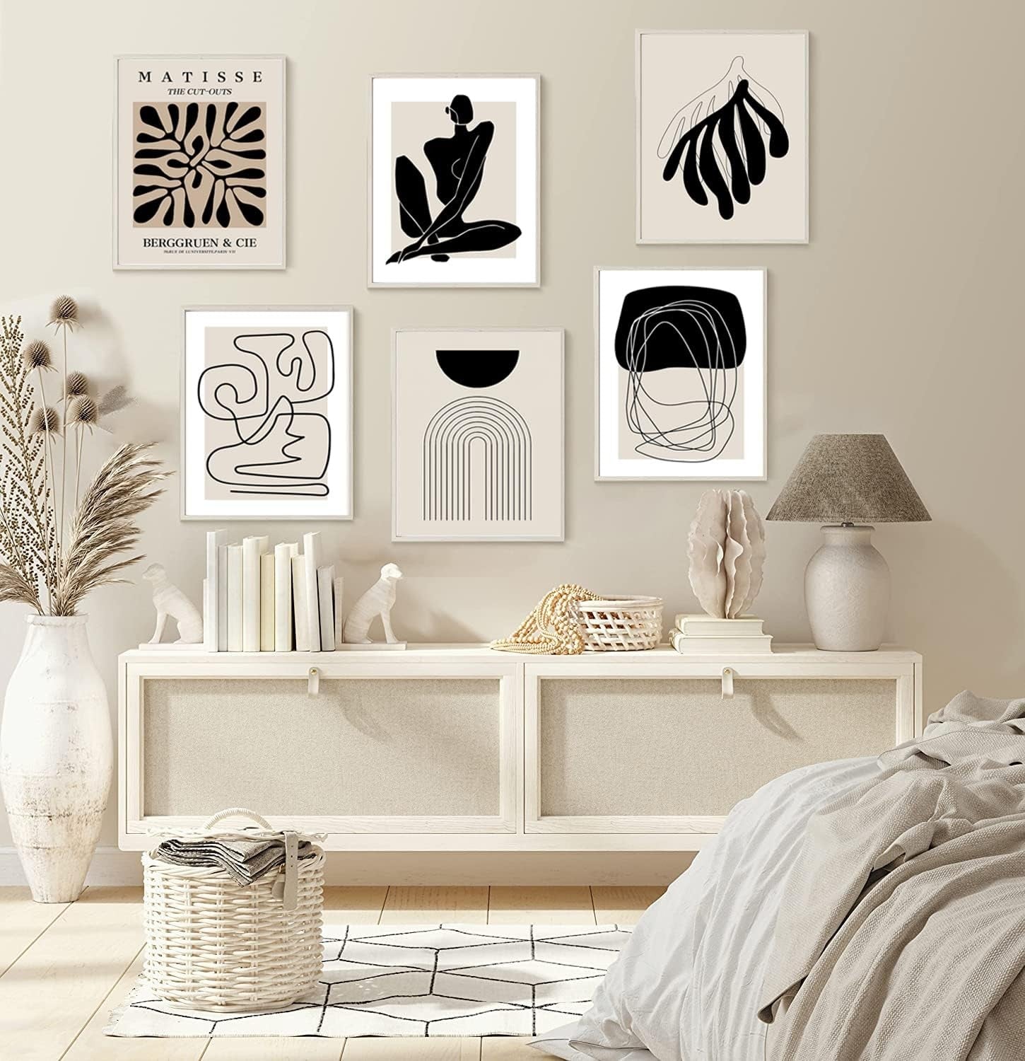 Boho Wall Art Set of 6 Black White 8x10 Abstract Prints