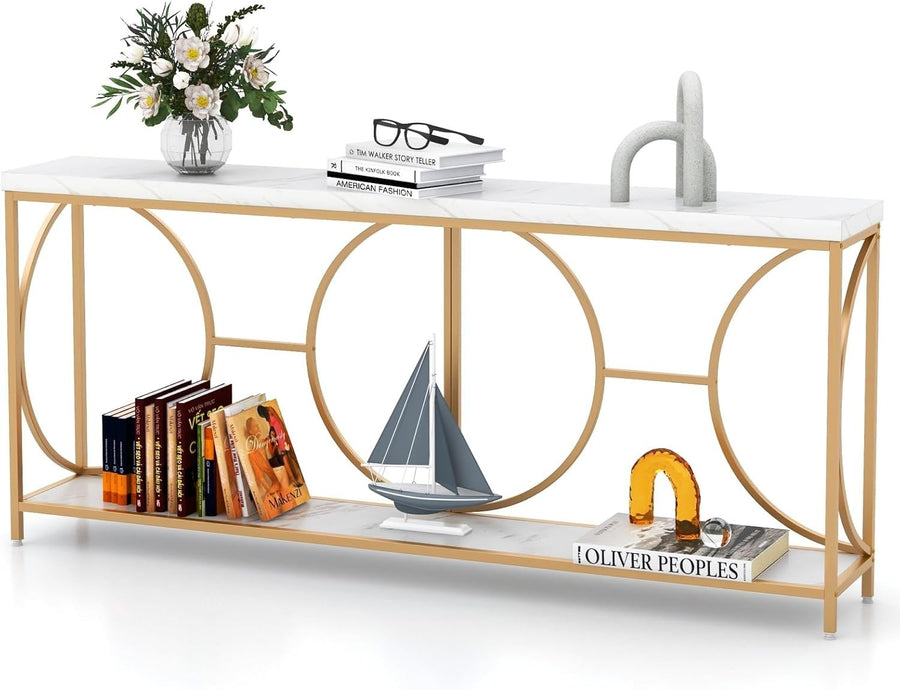 Slim 2-Tier Console Table with Storage Shelf & Faux Marble Top, Gold