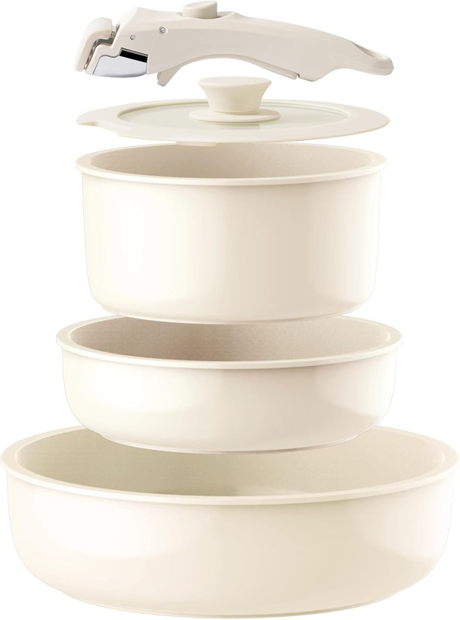 5pcs Cream Ceramic Cookware Set Removable Handle Induction & Oven Safe