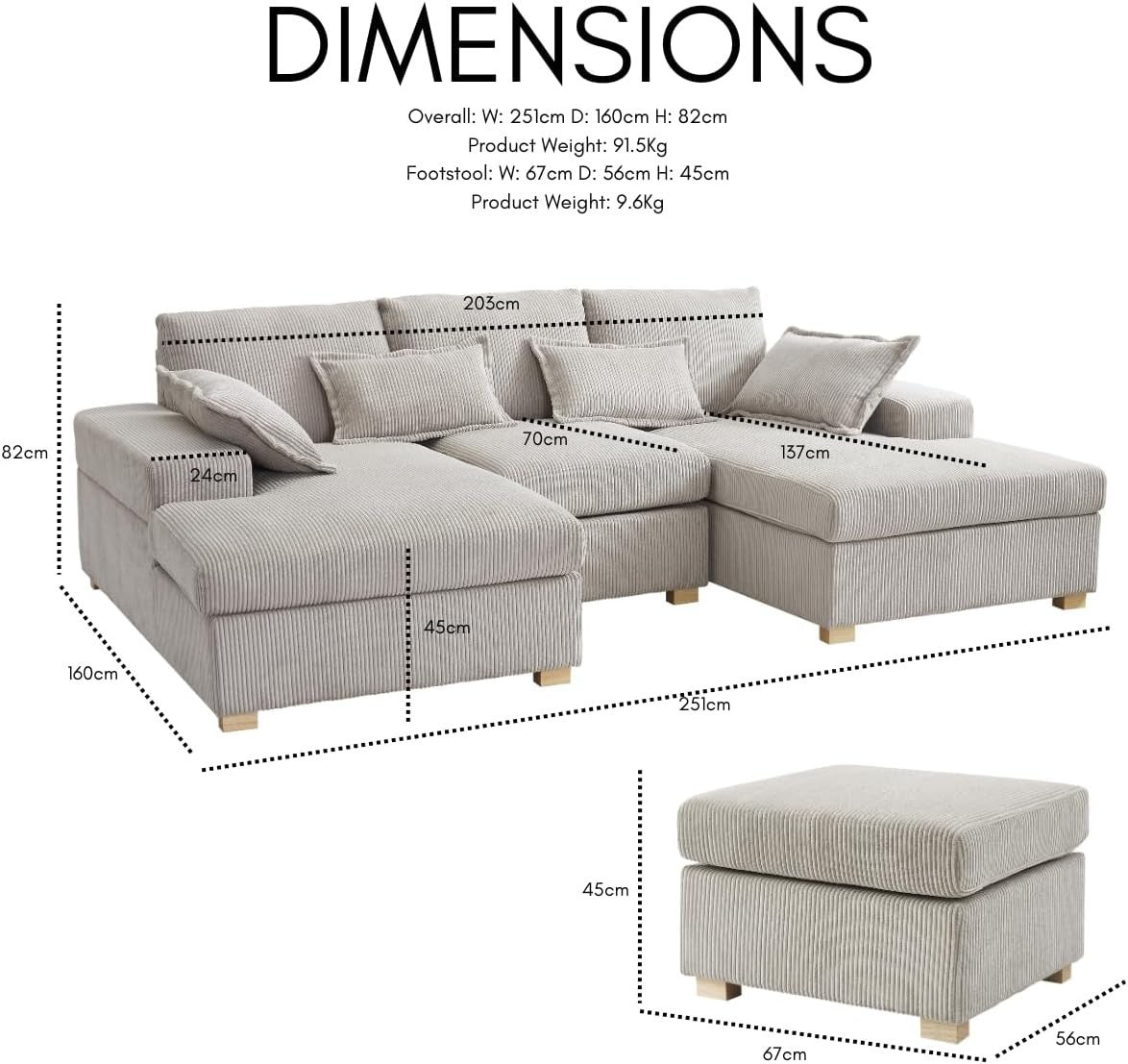 U-Shape Jumbo Cord Sofa Stone Grey 4-Seater | Deep Seat + Optional Footstool