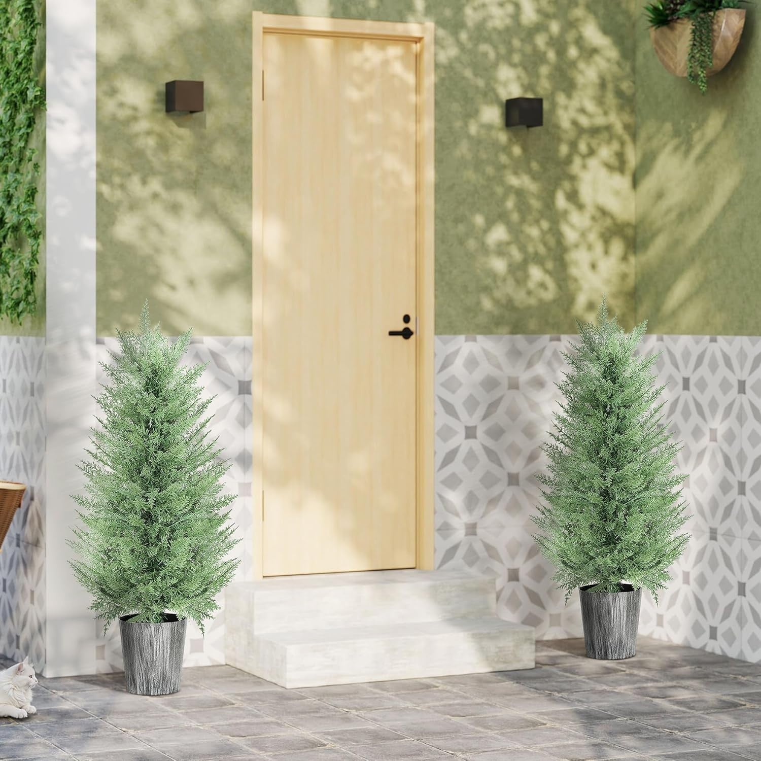 Set of 2 Artificial Cypress Trees 90cm UV Resistant Faux Plants w/ Pots Outdoor