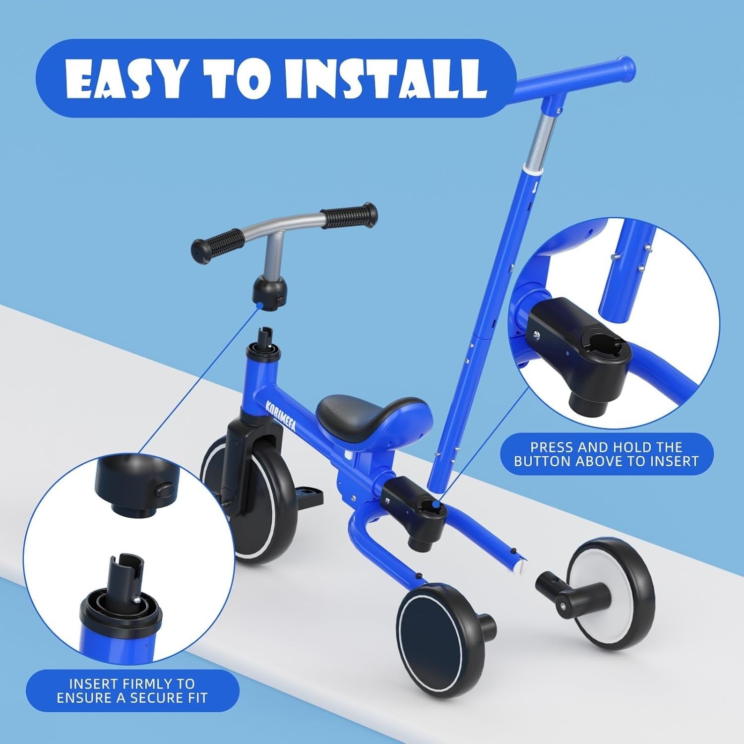 5 In 1 Toddler Tricycle Push Handle Balance Bike Adjustable Seat Blue