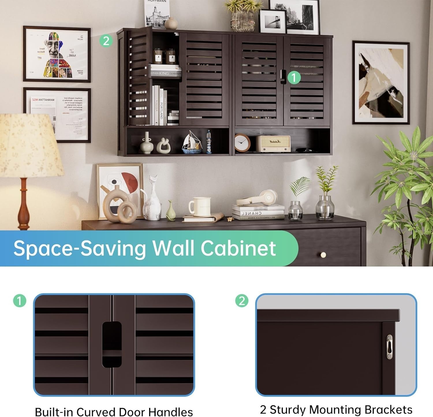 Brown Bathroom Wall Cabinet Storage – 2 Doors, Adjustable Shelves, Over Toilet
