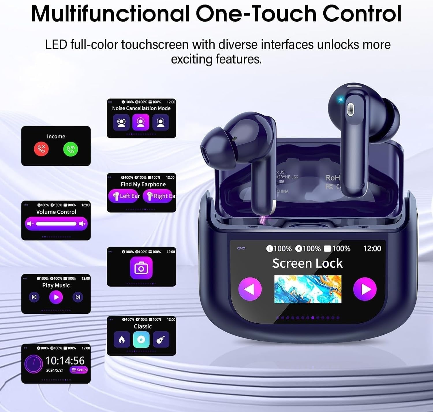 Bluetooth 5.4 ANC Earbuds Touch Screen Noise Cancel 40H IP7 Waterproof Blue