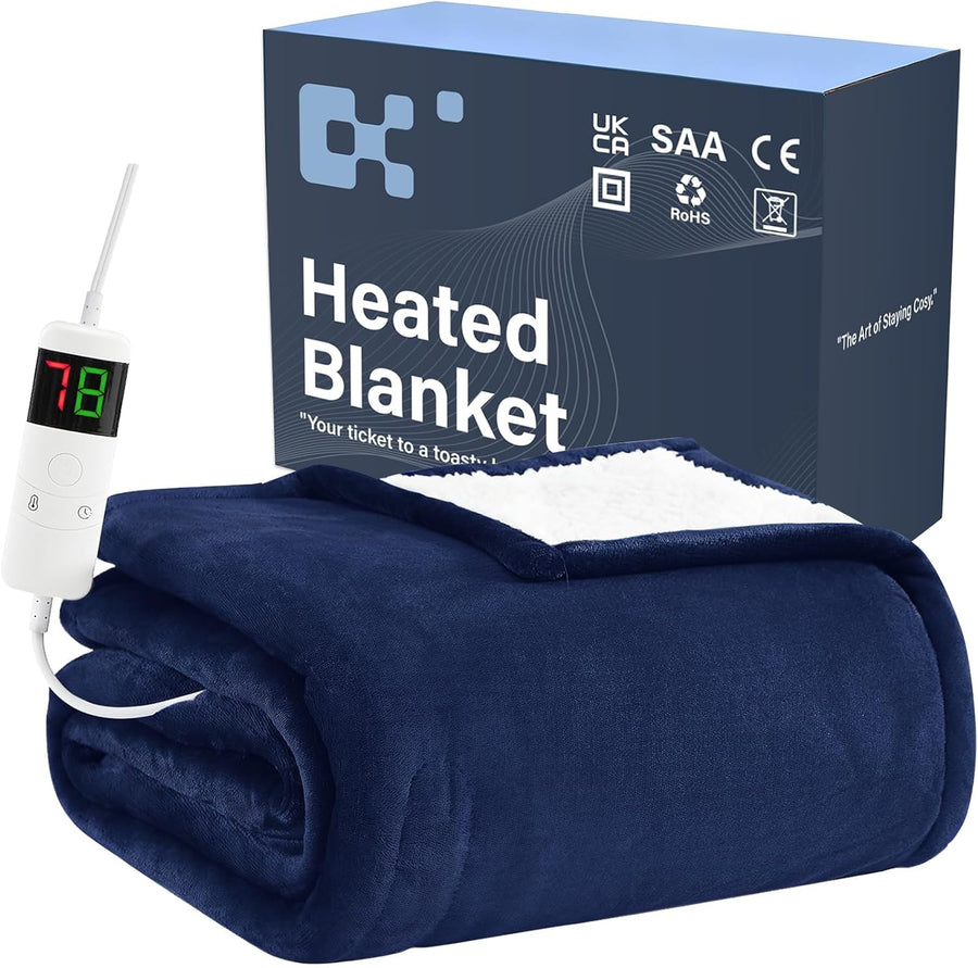 Electric Heated Throw Blanket Blue Soft Fleece 10 Heat Levels 130x160cm
