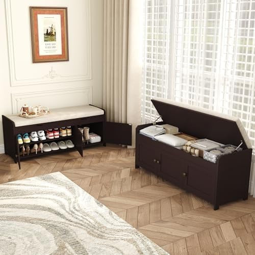 Espresso Shoe Storage Bench with Cushion Seat 3-Door Cabinet, Hidden Compartment