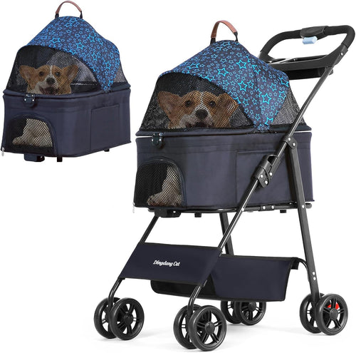 Pet Stroller Foldable Dog Cat Pram Safety Belt Storage Basket Cup Holder