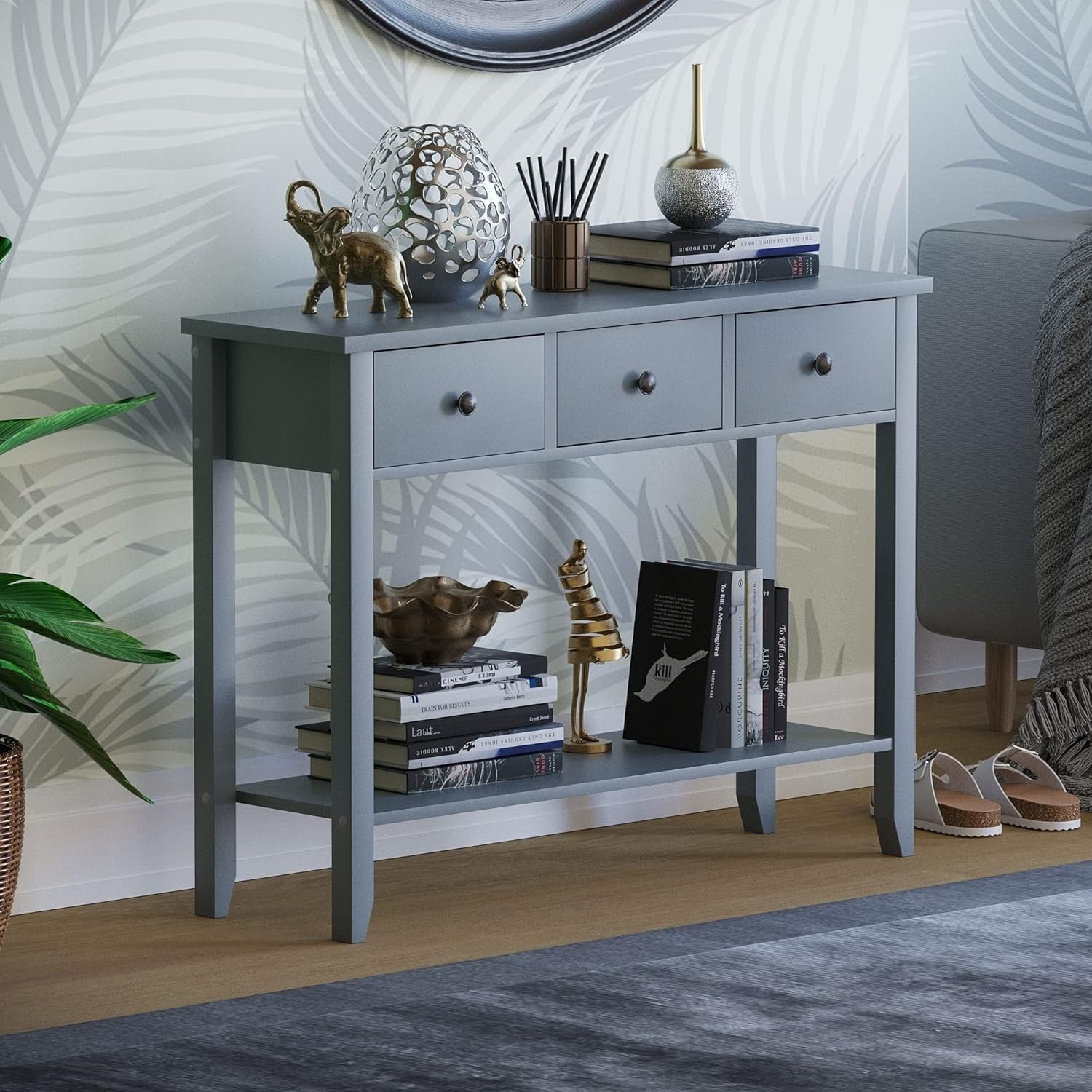 Console Table with 3 Drawers & Undershelf – Spacious Storage, Stylish Grey