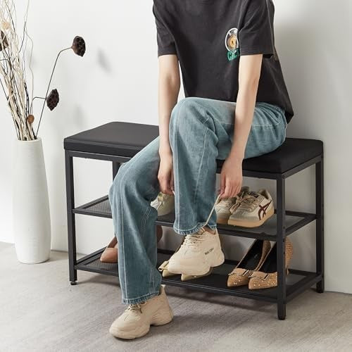 Black 3-Tier Shoe Bench with Padded Seat – Industrial Hallway Organizer Black