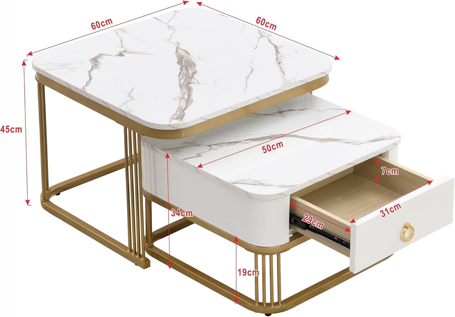 Square White Marble Nesting Coffee Table Set with Drawer – Gold Legs, Modern