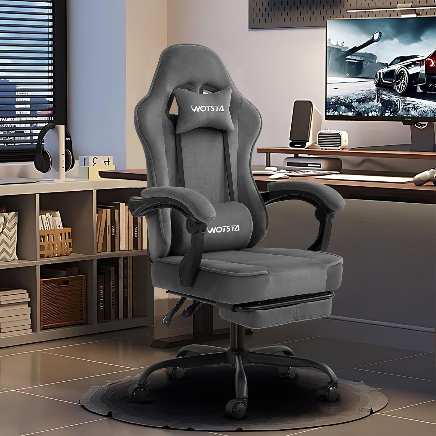 Ergonomic Suede Gaming Chair with Footrest & Lumbar Support, 330LB Capacity