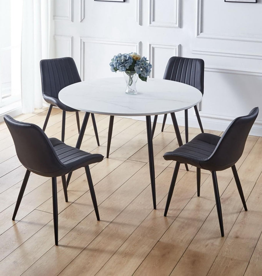 Round Dining Table Set 4 Chairs Black Bonded Leather Modern Kitchen
