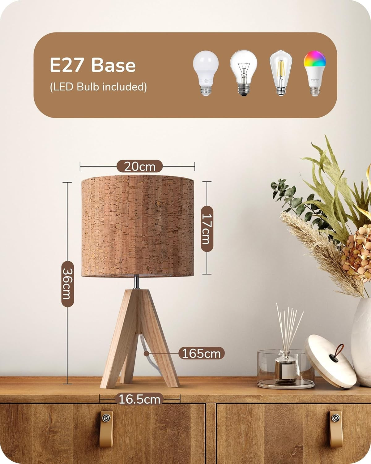 Wood Tripod Table Lamp Bedside Desk Light Fabric Shade Reading Bedroom Office