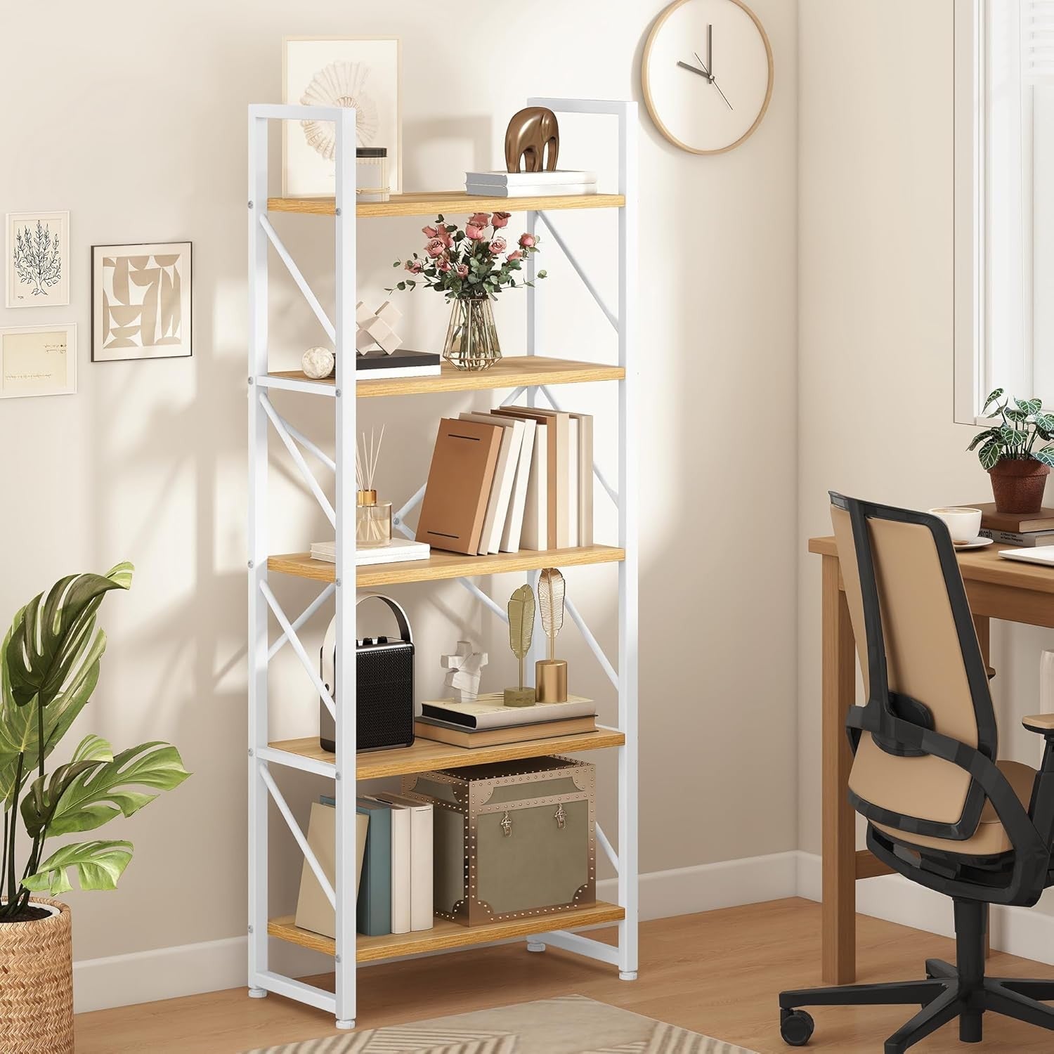 White & Oak 5-Tier Industrial Bookshelf Metal Frame Tall Storage Shelving Unit