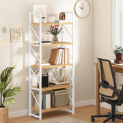 White & Oak 5-Tier Industrial Bookshelf Metal Frame Tall Storage Shelving Unit
