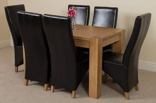 Oak Dining Table Set 6 Black Leather Chairs Solid Wood Compact 125cm