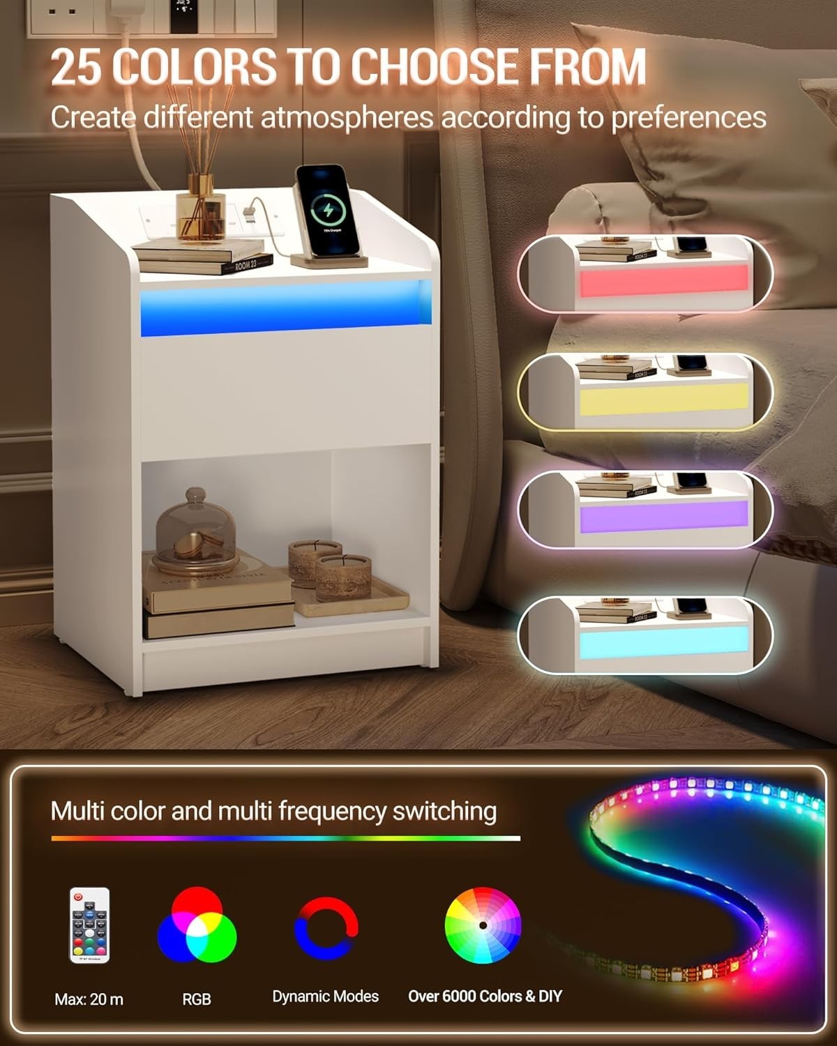 Set of 2 LED Bedside Tables with Charging Ports – White Nightstands with Drawer