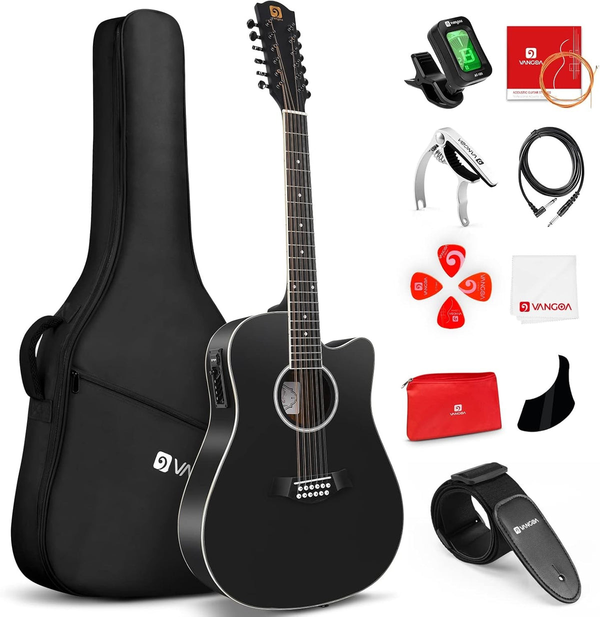 12 String Electro Acoustic Guitar 41in Cutaway w Pickup & Kit Black