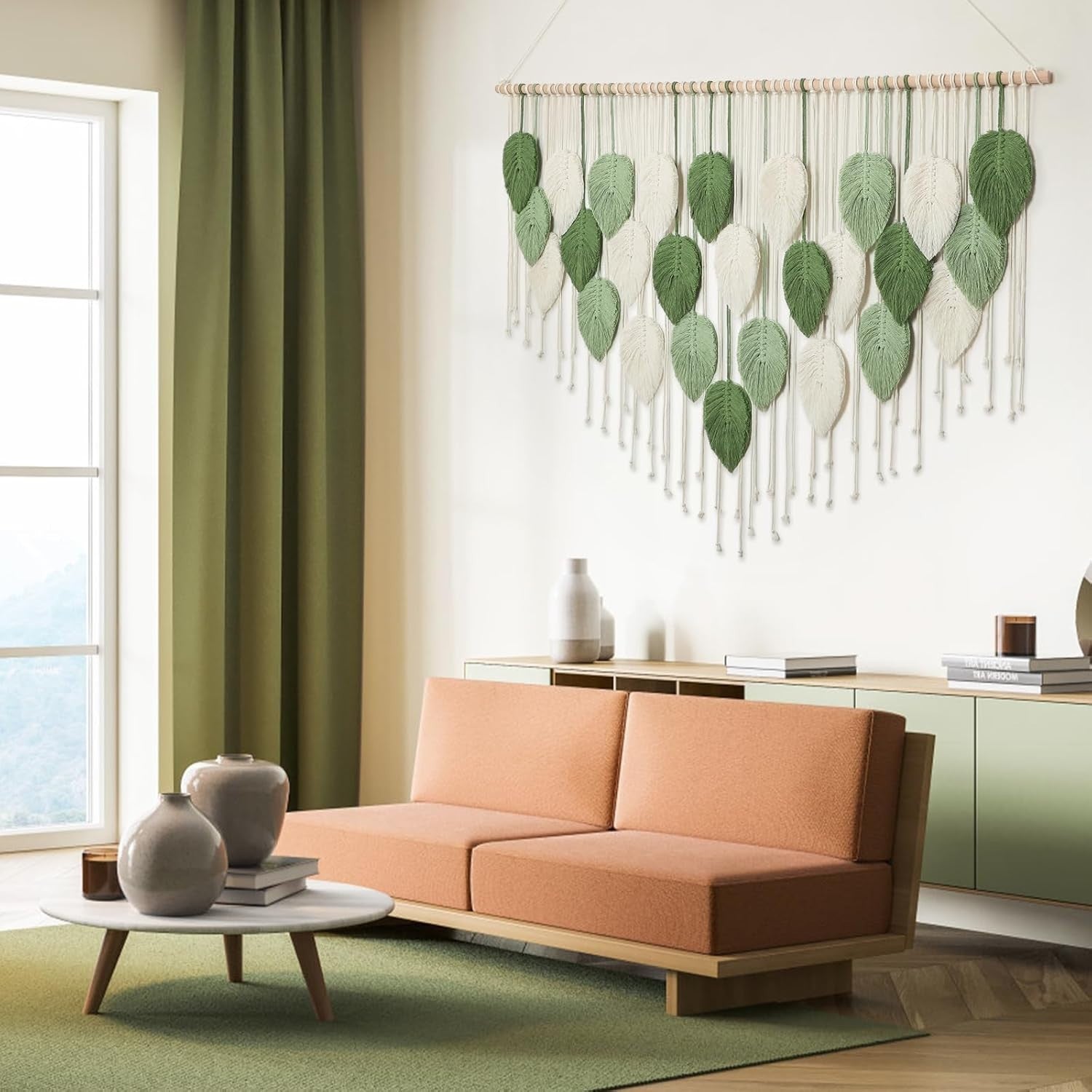 Large Boho Macrame Wall Hanging Leaf Woven Decor Green/Beige