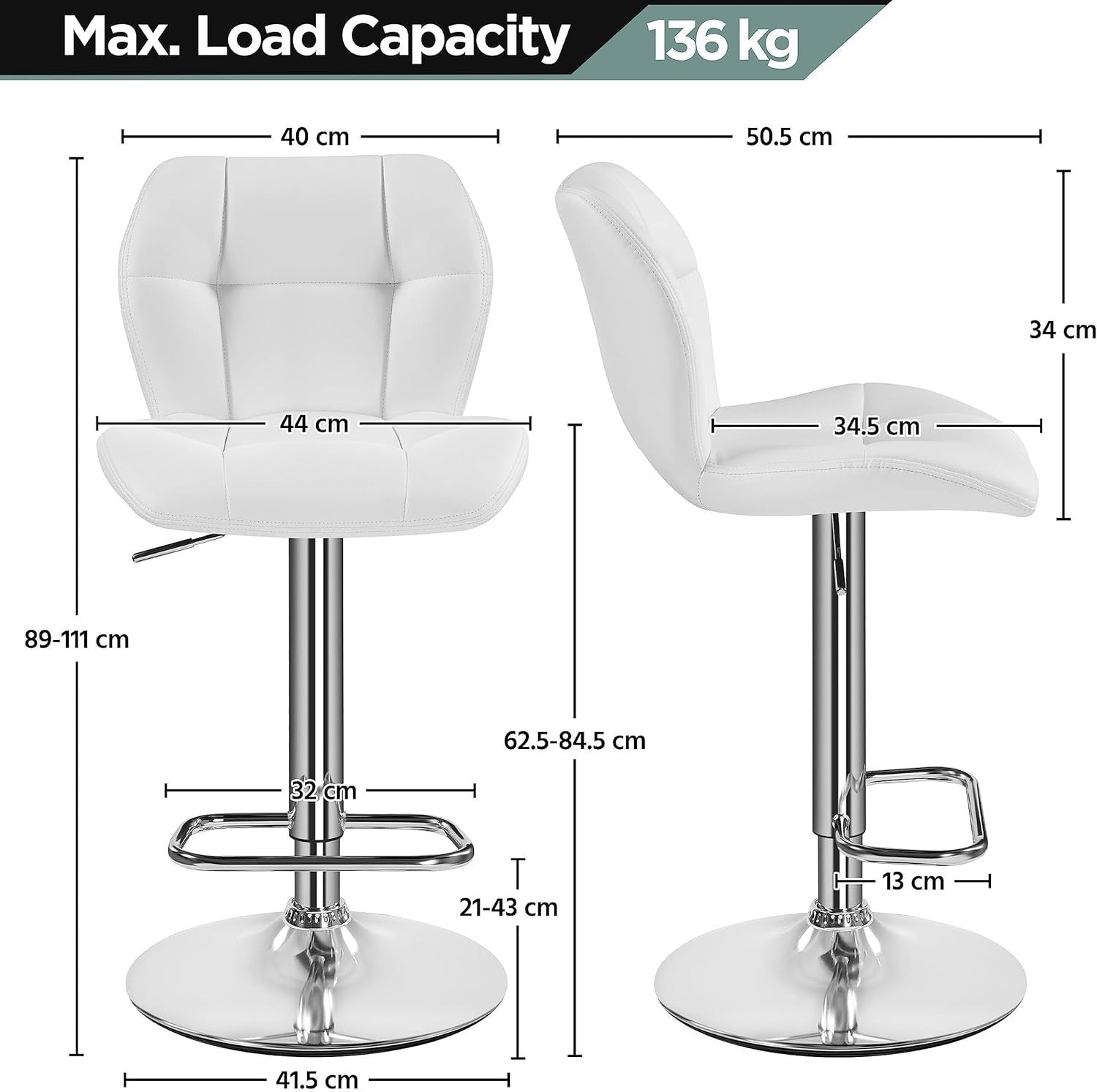 Adjustable White PU Leather Bar Stools Set of 4 – Swivel Counter Chairs