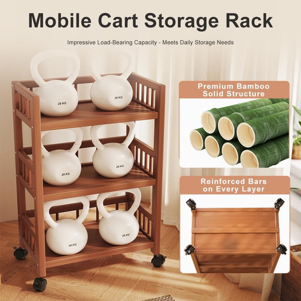 3 Tier Bamboo Storage Trolley on Wheels Rolling Utility Cart Organiser