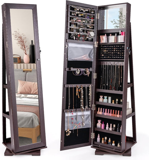 360° Swivel Jewelry Armoire Mirror Lockable Storage Cabinet with Rear Shelves