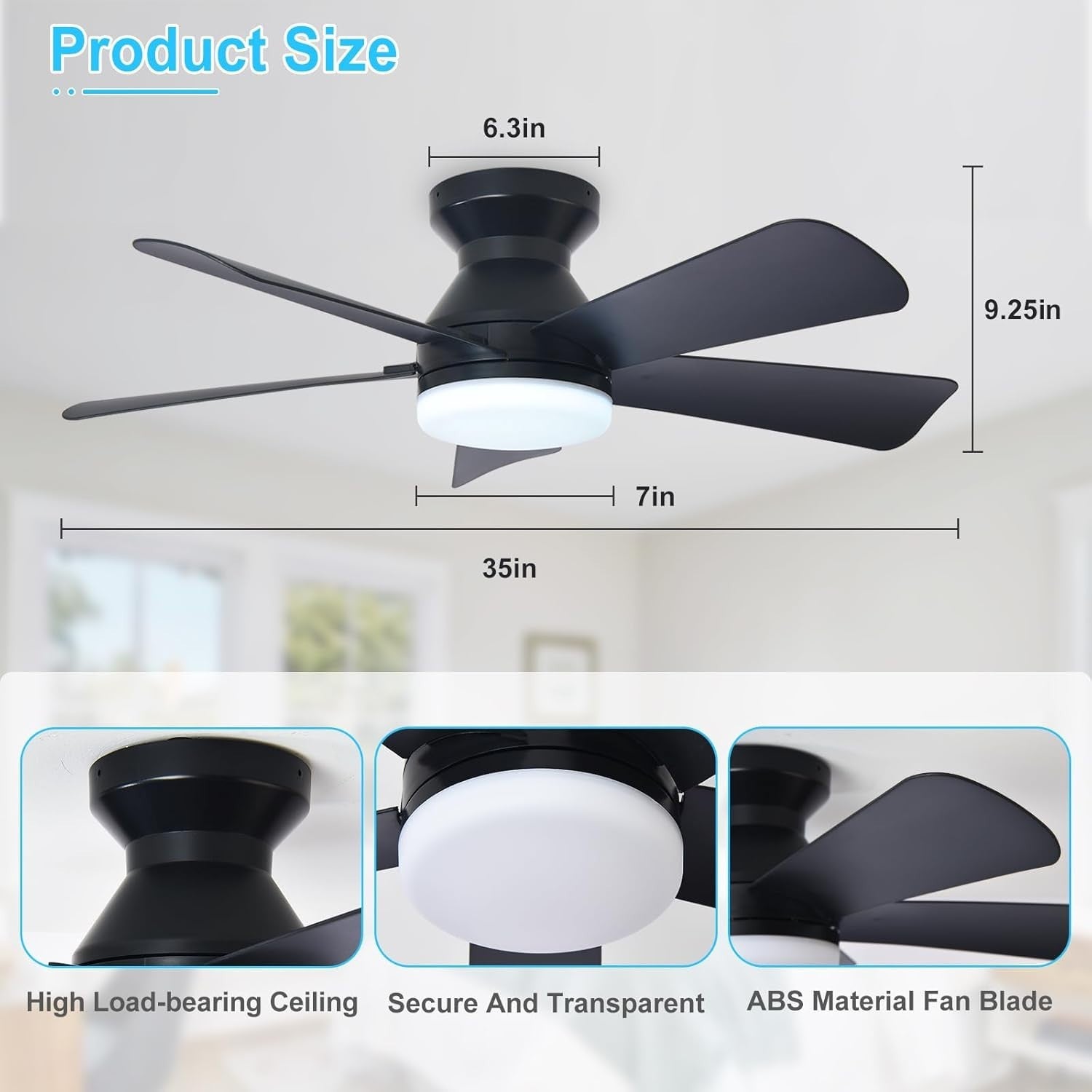 35-Inch Black Ceiling Fan with Lights 5 Blades 6 Speeds Remote