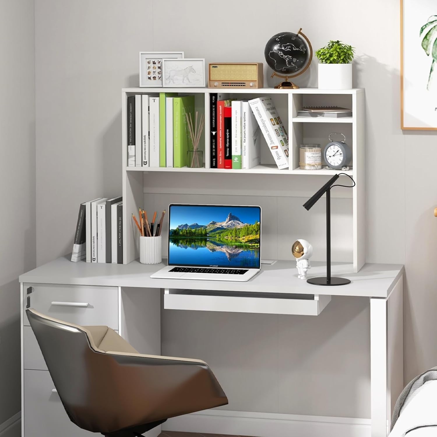 White Desktop Bookshelf Hutch 4-Shelf Countertop Storage Rack Monitor Organizer