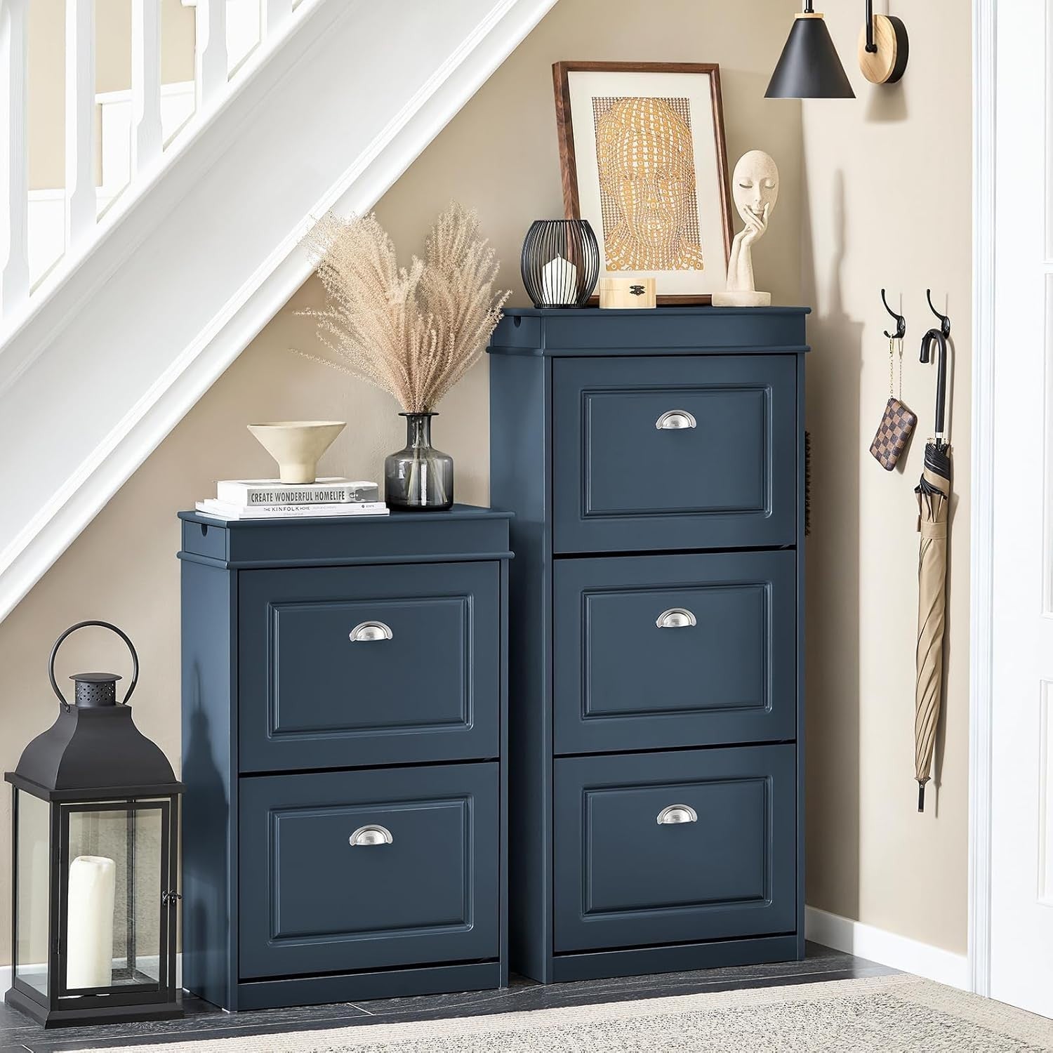 Blue Slim Shoe Cabinet with 3 Flip Drawers, Narrow Hallway Storage Unit
