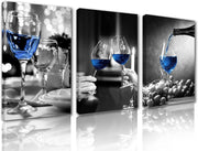 Blue Wine Glass Canvas Wall Art Set of 3 Framed 42x20 Inch