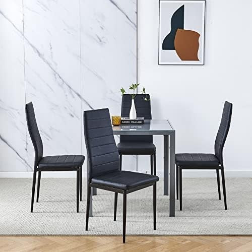 Square Glass Dining Table Set 4 Chairs Modern Space Saving Grey Black Leather