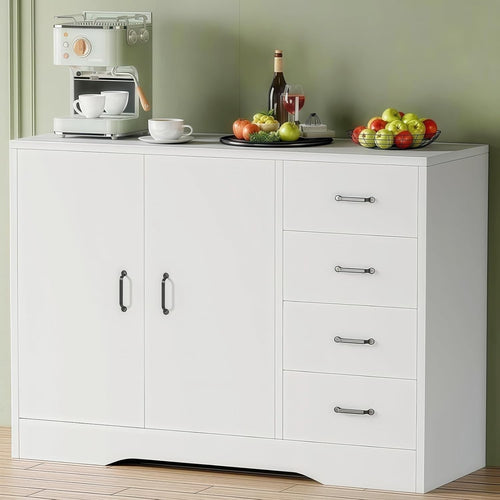 White Sideboard Buffet Cabinet 4 Drawer Adjustable Shelf Kitchen Storage