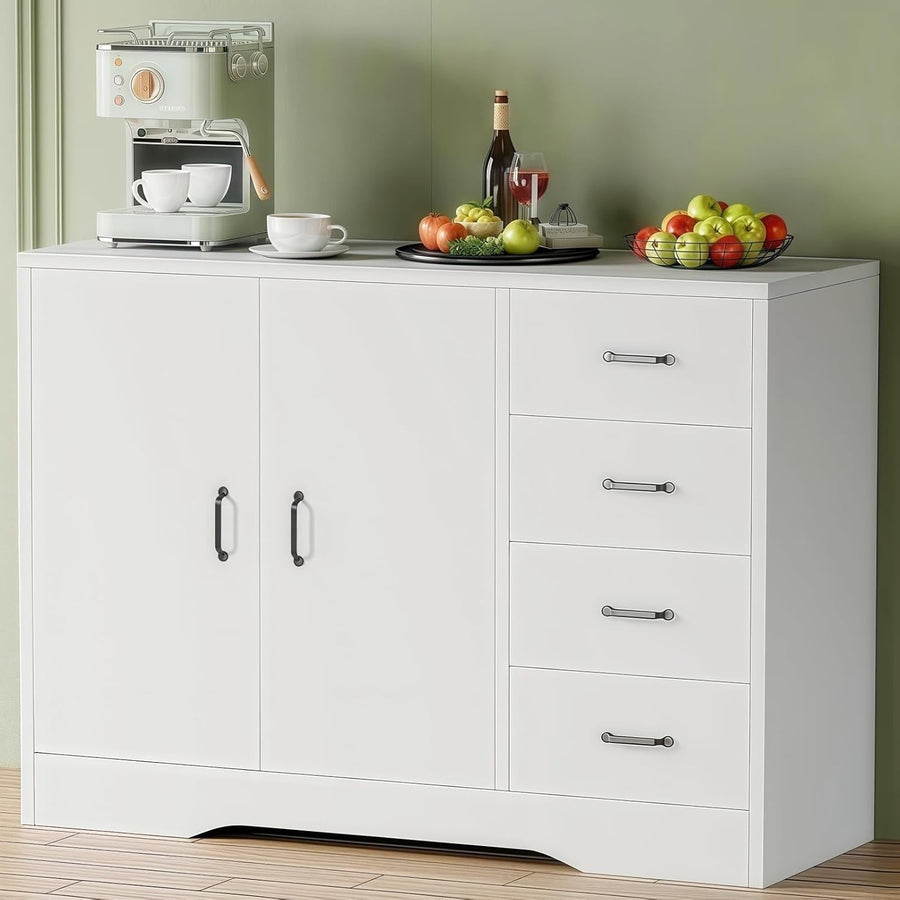 White Sideboard Buffet Cabinet 4 Drawer Adjustable Shelf Kitchen Storage