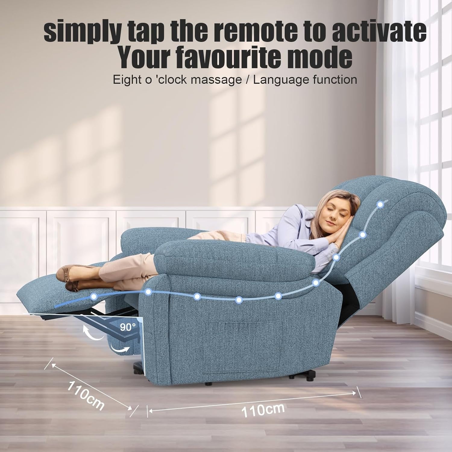 Power Lift Recliner Chair Oversized Massage Heat USB Type-C Footrest Blue