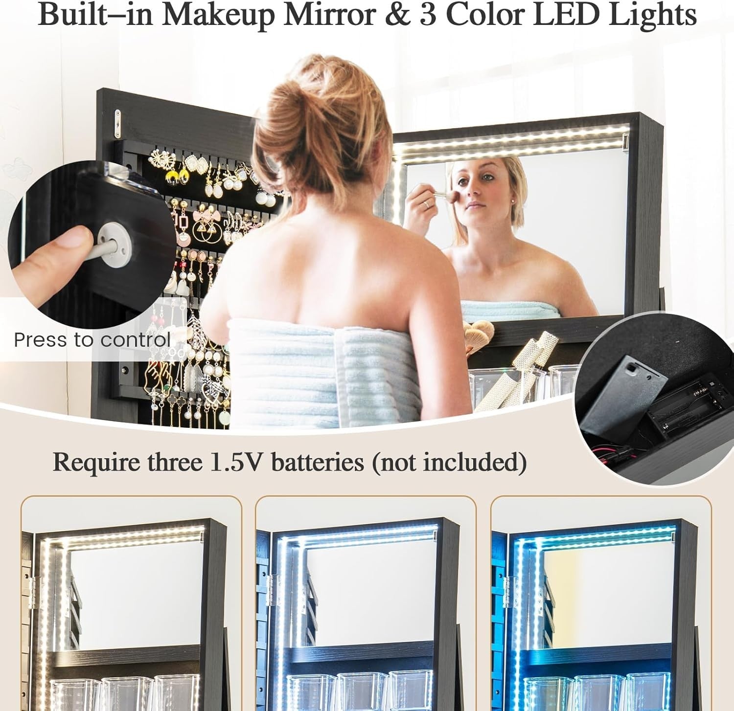 Black Rotating Jewelry Organizer LED Full Mirror Lockable Storage Unit