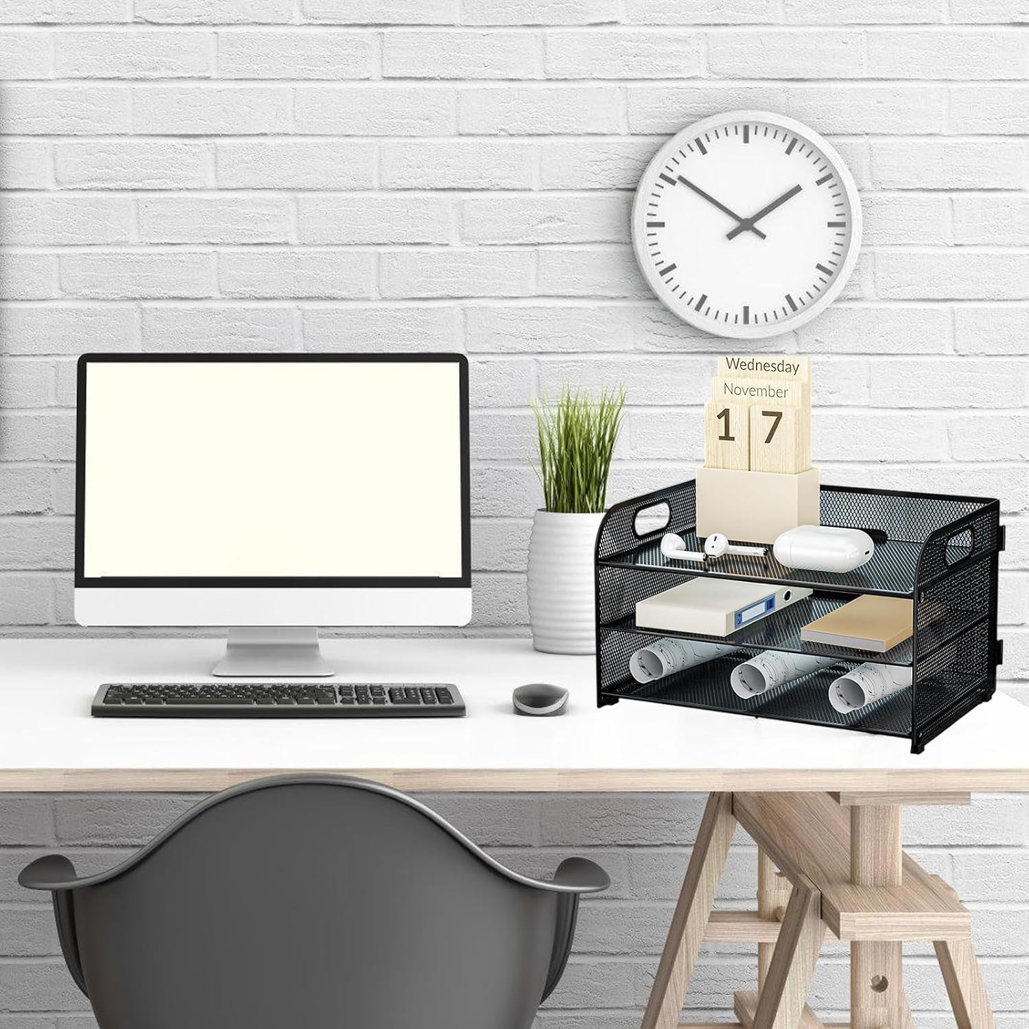3-Tier Desk Organizer Paper Tray Storage Rack With Handle Office School