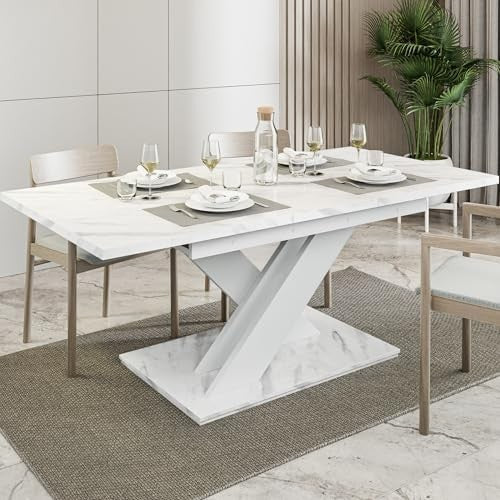 Extendable White Dining Table 140-180cm Modern Foldable Kitchen Table