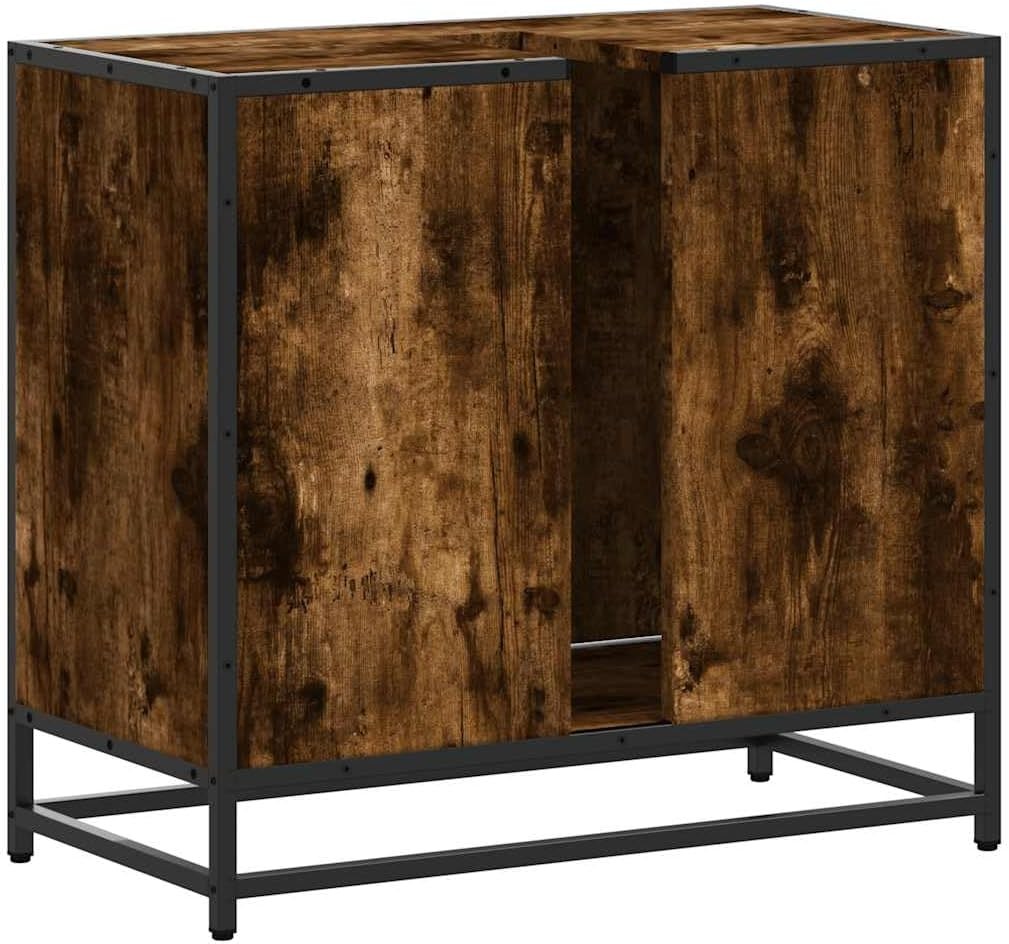Smoked Oak Under Sink Bathroom Cabinet – Rustic Wood Storage Unit 65cm Modern