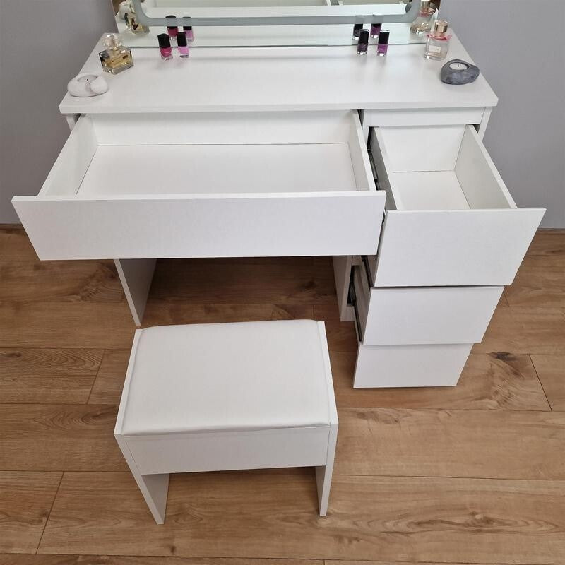 LED Vanity Dressing Table with Mirror & Stool, Makeup Desk w/ Drawers