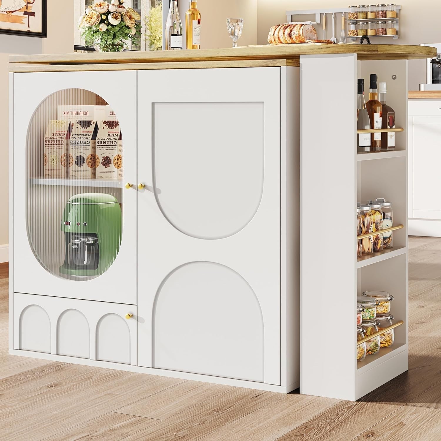 Extendable Kitchen Island Table with 360° Rotation & Dual Door Storage White