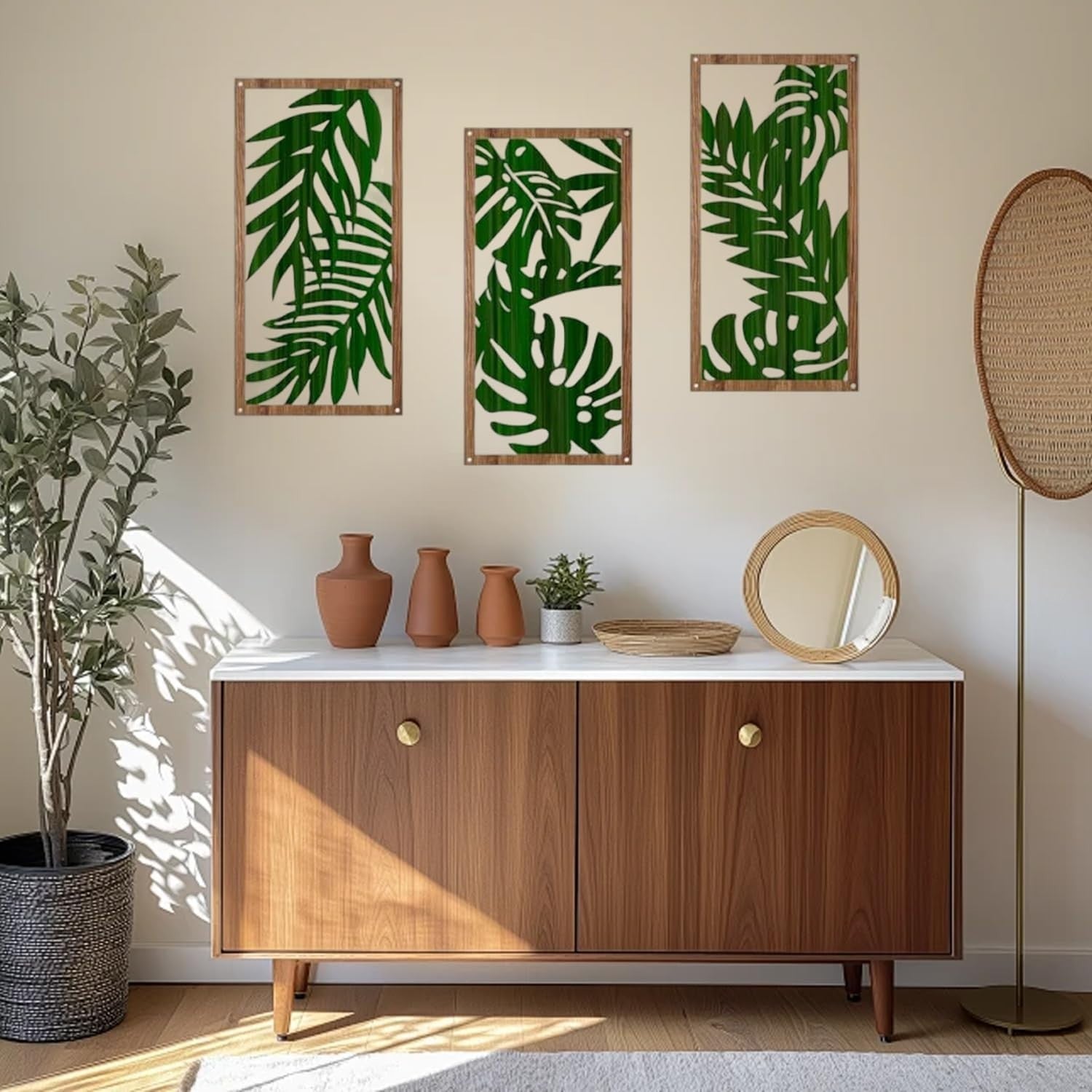 3PCS Wooden Boho Wall Art 30x15cm Geometric Leaf Wall Decor