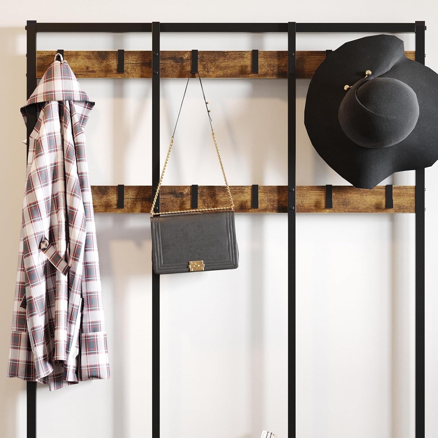 Industrial Coat Rack with Bench 3-in-1 Shoe Storage Hall Tree 12 Hooks 184cm