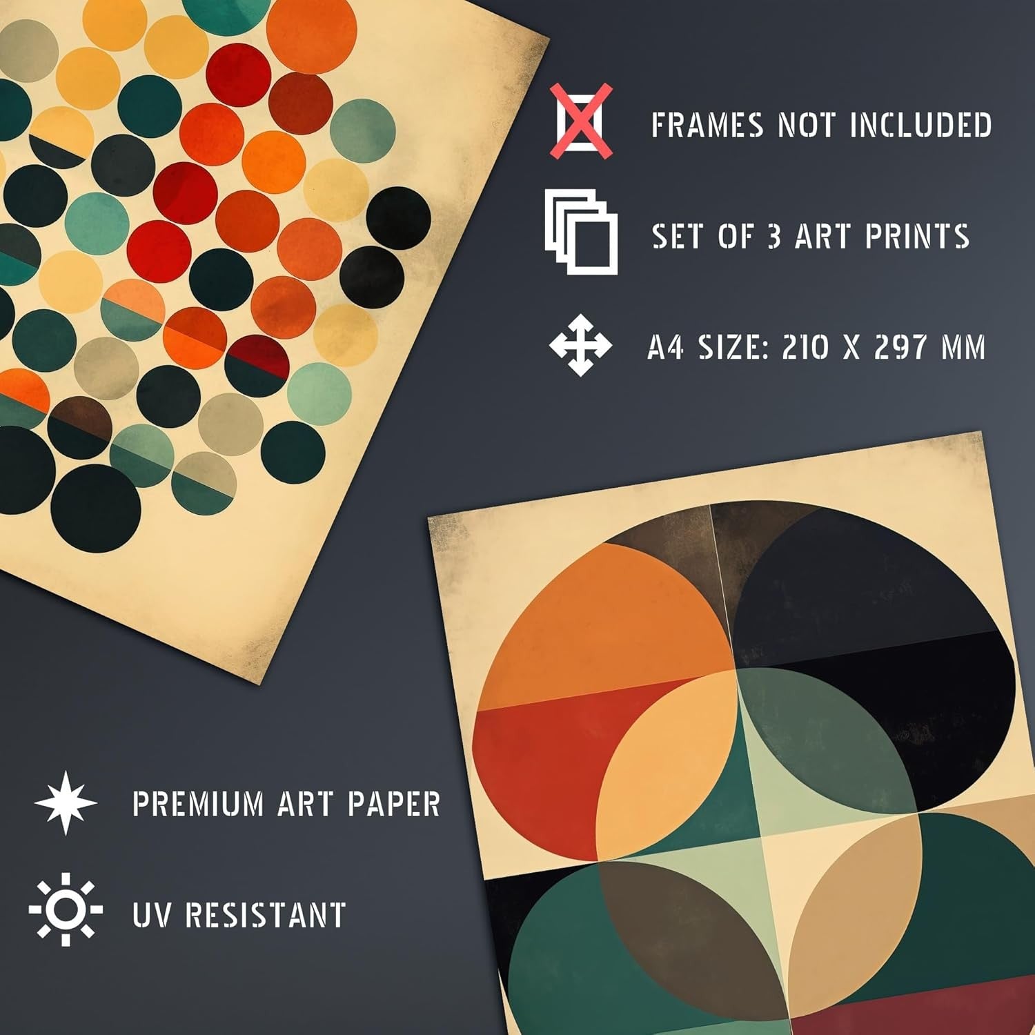 Set of 3 Mid Century Modern Bauhaus Geometric Circle Wall Art Prints