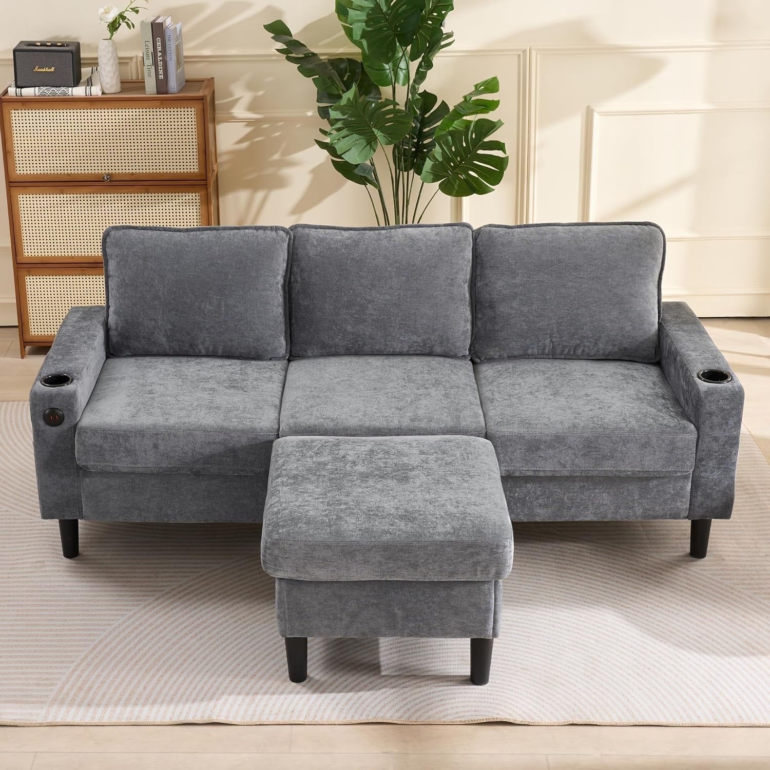 3-4 Seater Grey L-Shaped Sofa with Reversible Chaise, USB Ports & Cup Holders