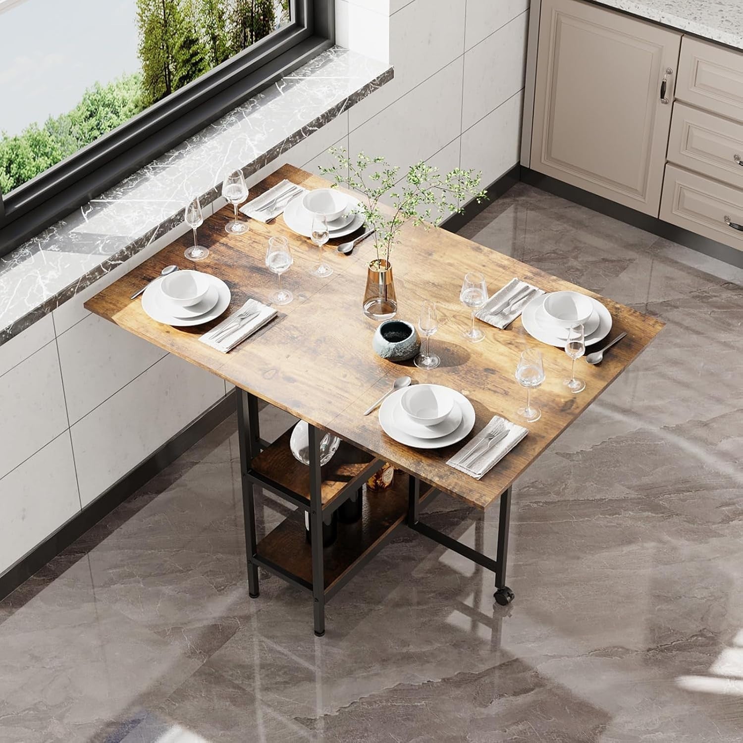 Foldable Space Saving Dining Table with Storage Shelves & Locking Wheels