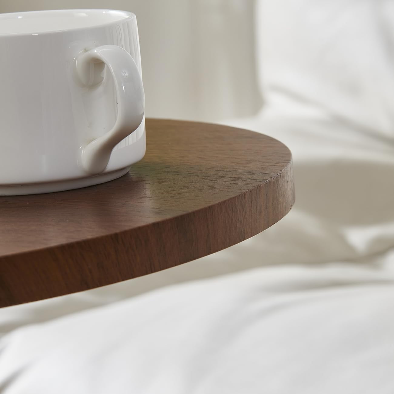 Walnut Round C-Shaped Sofa Side Table Space-Saving Metal Frame 61.5cm High