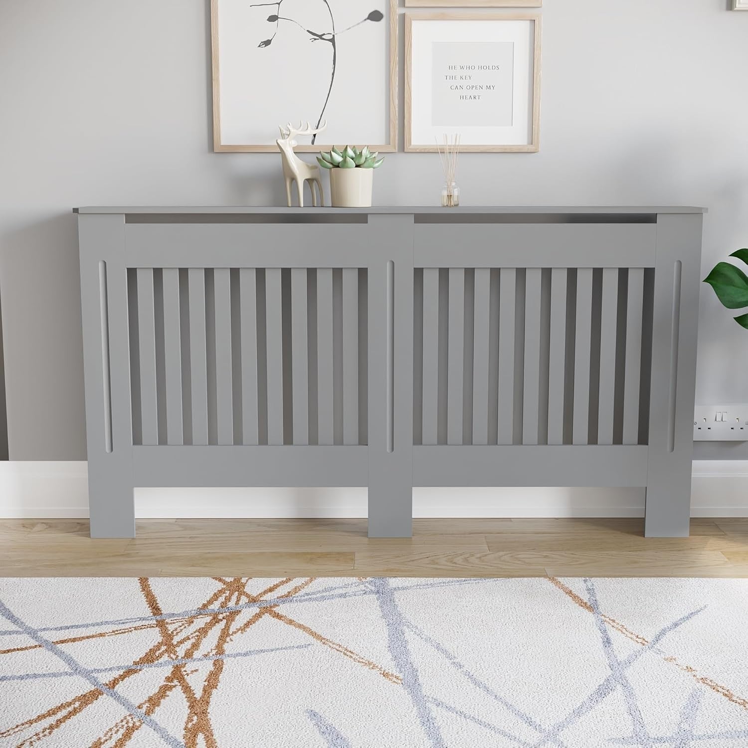 Large Olive Grey Radiator Cover | Modern Slatted MDF Heater Cabinet with Shelf
