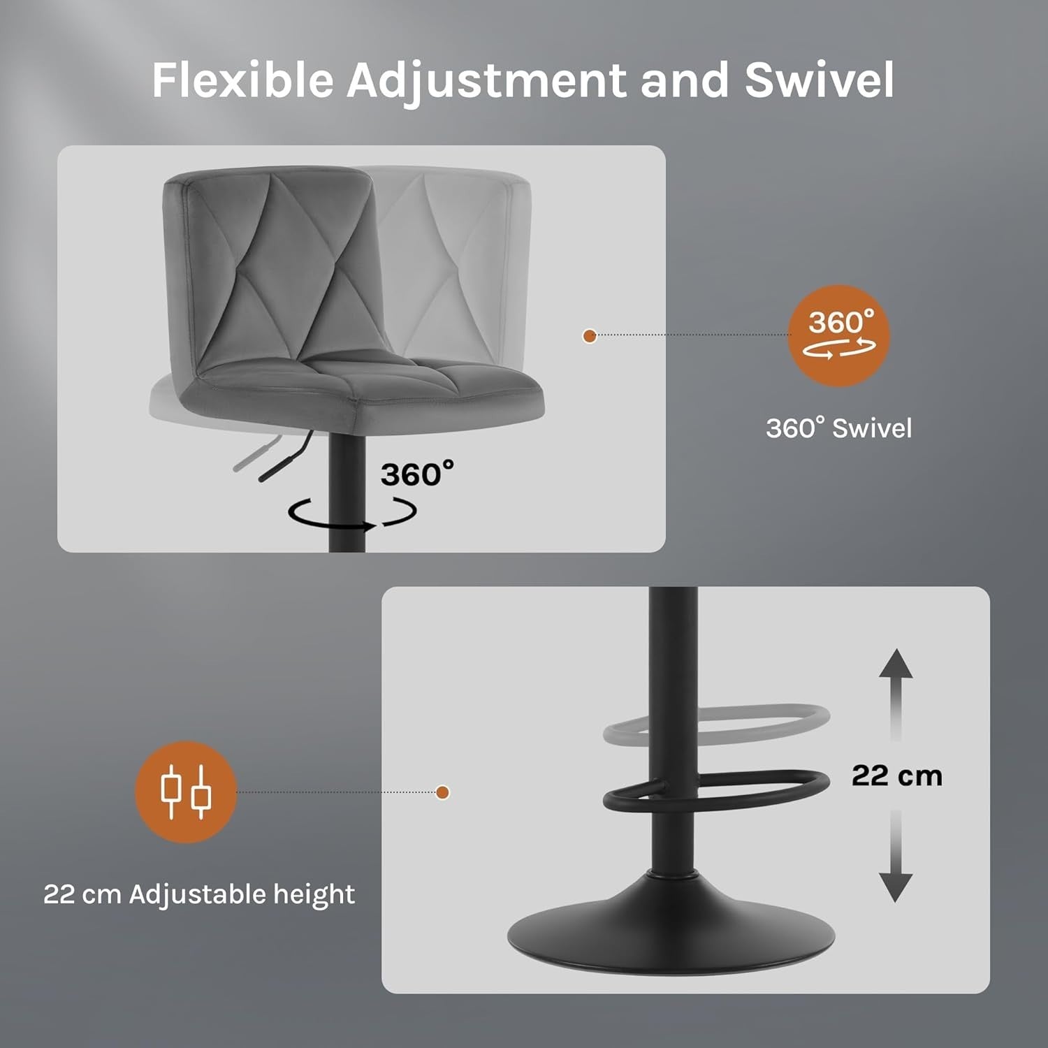 Adjustable Swivel Bar Stools Set of 2 – Soft Flannel, Metal Frame, 60-80cm
