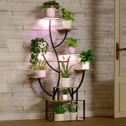 7 Tier Metal Plant Stand With LED Grow Lights Indoor Tall Corner Flower Rack